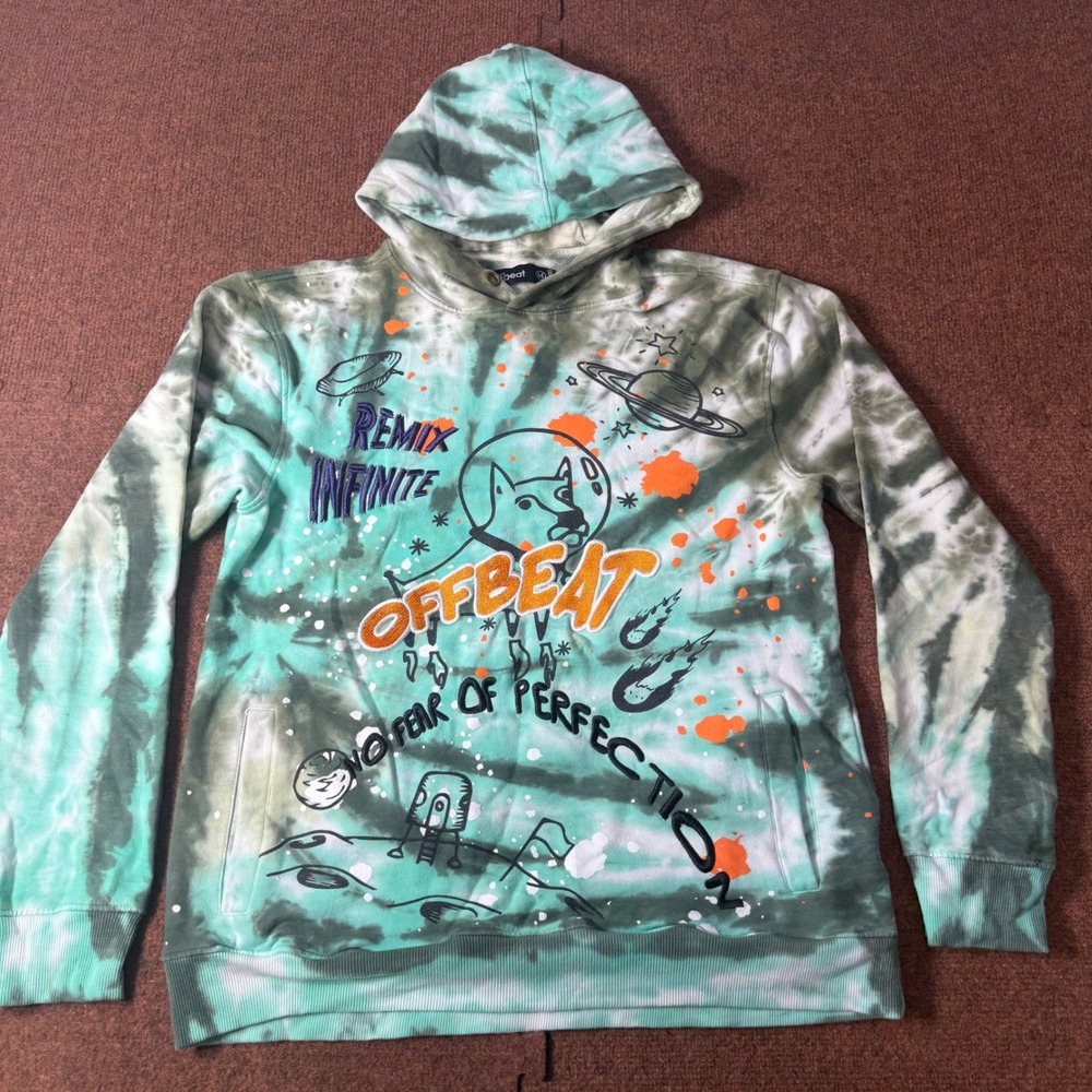 A+ gym Offbeat Mens Green Tie Dye Space Dog Graphic Hoodie Sweatshirt Medium